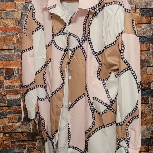 Chain Link Pattern Design Mini Long Sleeve Casual Shirt Dress, Sexy Top (S-2XL) - Picture 2 of 4